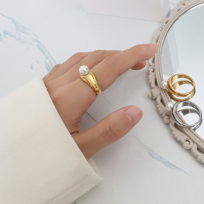 Gold Steel Dome Band Side Pearl Ring Six Size Color Variants