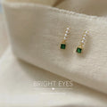 Gold Tone White Pearl Row And Green Square Stone Drop Stud Earrings view 1
