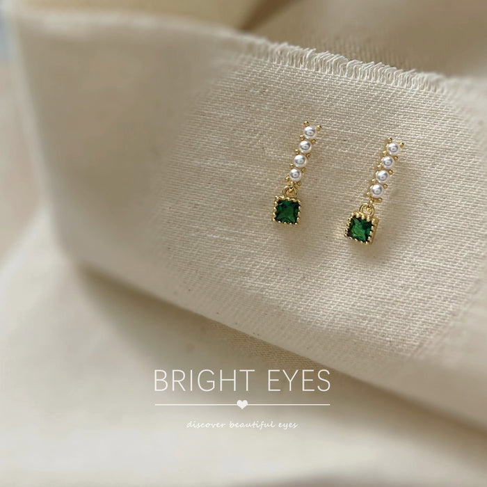 Gold Tone White Pearl Row And Green Square Stone Drop Stud Earrings