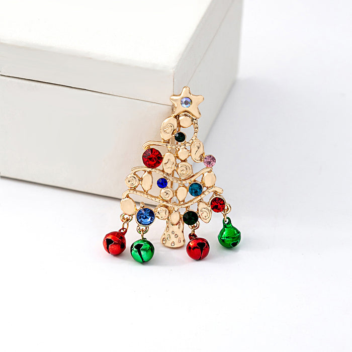 Gold Christmas Tree Brooch Multicolor Crystal Dangle Bells
