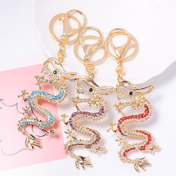 Rhinestone Chinese Dragon Metal Keychain Gold Tone Clip