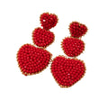 Red Crystal Bead Three Tier Heart Drop Earrings Gold-Tone Trim view 5