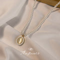 White Pearl Strand Gold Tone Oval Halo Pendant Necklace view 3