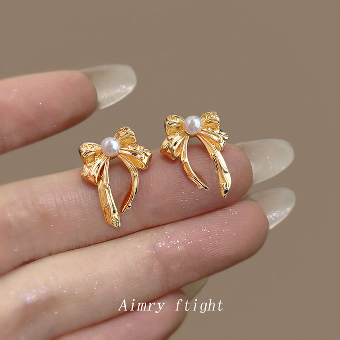 Gold Ribbon Bow Stud Earrings White Pearl Center Pair