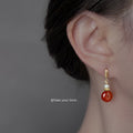 Gold Tone Leaf Top White Pearl And Red Translucent Disc Stud Earrings view 2