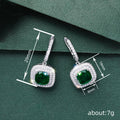 Silver Tone Green Square Stone Halo Drop Earrings with Clear Stone Accents view 4