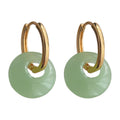 Gold Green Glass Safety Coin Disc Huggie Earrings Pair view 5