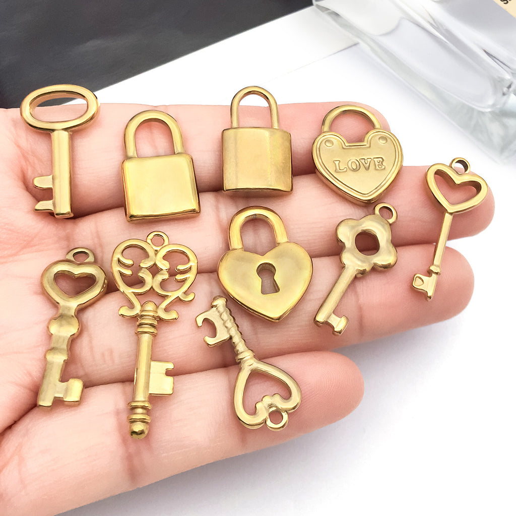 Polished Stainless Steel Heart Lock Key Charm Pendant for Bracelet Necklace DIY