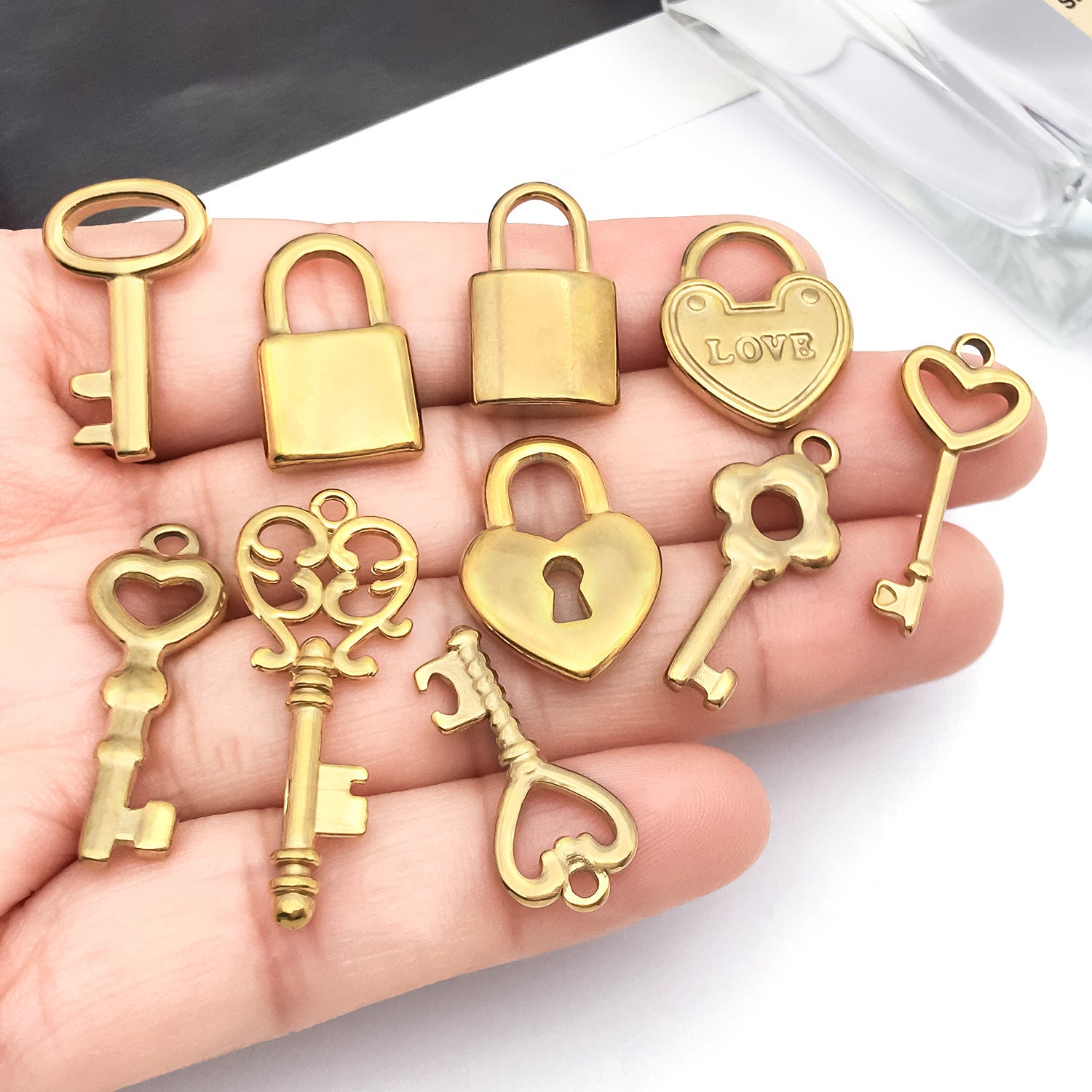 Polished Stainless Steel Heart Lock Key Charm Pendant for Bracelet Necklace DIY