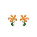 Orange Flower Green Leaf Clear Center Stud Earrings view 5