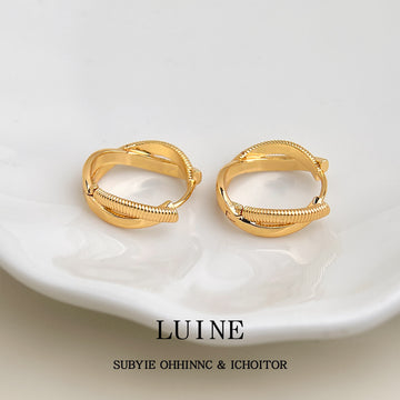 Gold Crossed Ribbed Geometric Hoop Earrings Pair Set