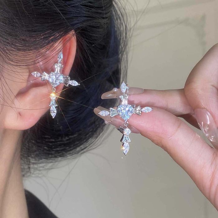 Dainty Crystal Cross Ear Clips in Gold and Silver Tone Finishes