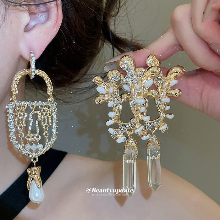 Ornate Crystal Drop Statement Earrings with Polished Metal Tone Details