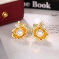 Gold Tone Shell Flower Stud Earrings with Faux Pearls view 2