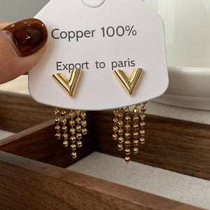 Brass Gold-Tone V Earrings, Stud Front plus Bead Tassel Drop