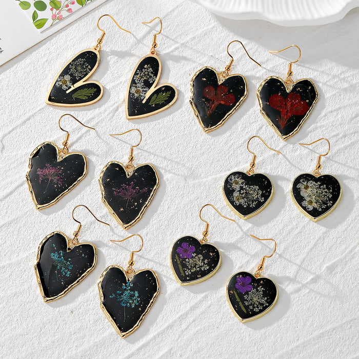 Black Heart Resin Dried Flower Drop Earrings Gold Frame 6 Styles
