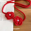 Red Crochet Flower Cord Necklace With Pearl Centers view 2