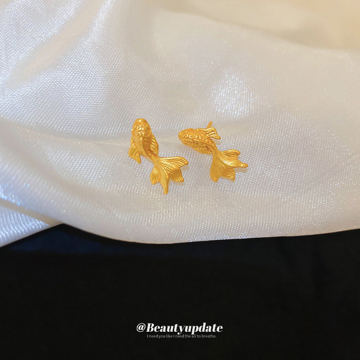 Gold Tone Goldfish Stud Earrings with Textured Tails