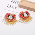 Red Heart Beaded Rhinestone Fringe Stud Earrings With Gold Tassels view 3