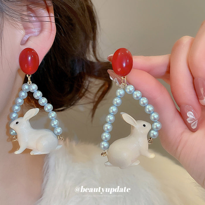 Red And White Rabbit Drop Earrings With Blue Pearl Frames