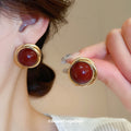Round Cabochon Stud Earrings in Red and Pearl White view 4