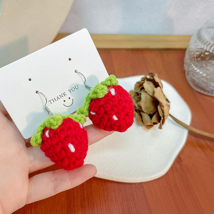 Hand Crocheted Red Strawberry Novelty Long Hook Earrings