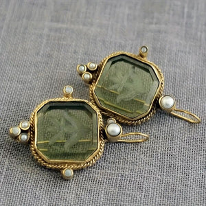 Gold Tone Square Glass Drop Earrings with Pearl Accents