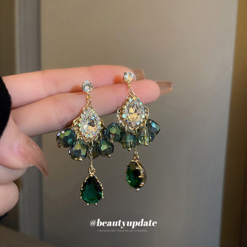 Green Crystal Floral Teardrop Statement Drop Earrings