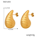 Ribbed Teardrop Stud Earrings Gold Steel Large Small Sizes view 8