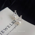 Silver Open Triangle Pearl Drop Stud Earrings Zircon view 4