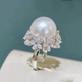 White Gold Tone Large Pearl Flower Clear Stone Finger Ring view 2