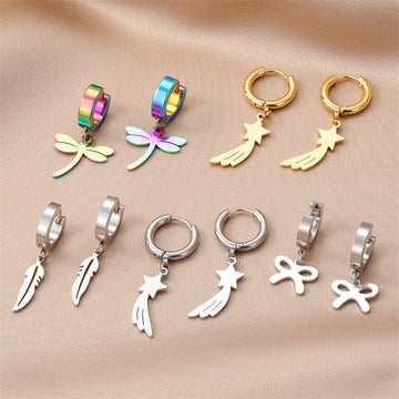 Dragonfly Star Bow and Feather Huggie Drop Earrings