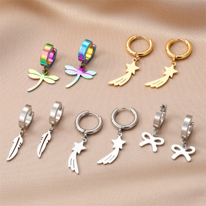 Stainless Steel Dragonfly Star Bow and Feather Huggie Earrings