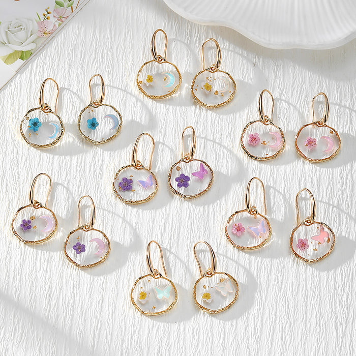 Gold Tone Moon and Butterfly Pressed Flower Huggie Earrings in Eight Designs