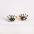 Gold Tone Crystal Lash Blue Evil Eye Round Stud Earrings view 1