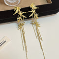 Gold and Silver Bamboo Leaf Long Chain Tassel Stud Earrings view 3