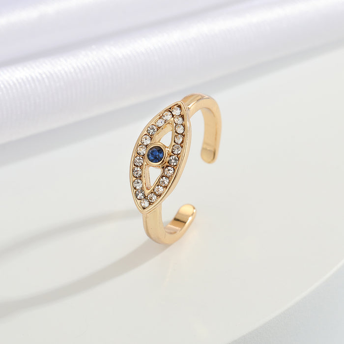 Gold Tone Blue Evil Eye Crystal Adjustable Open Ring