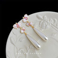 Pink Enamel Orchid Flower White Pearl Teardrop Drop Earrings view 3