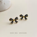 Gold Black Pave Bow Stud Earrings Rhinestone Full Set view 3