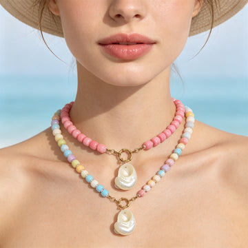Natural Conch Bead Carabiner Necklaces In Six Color Mixes