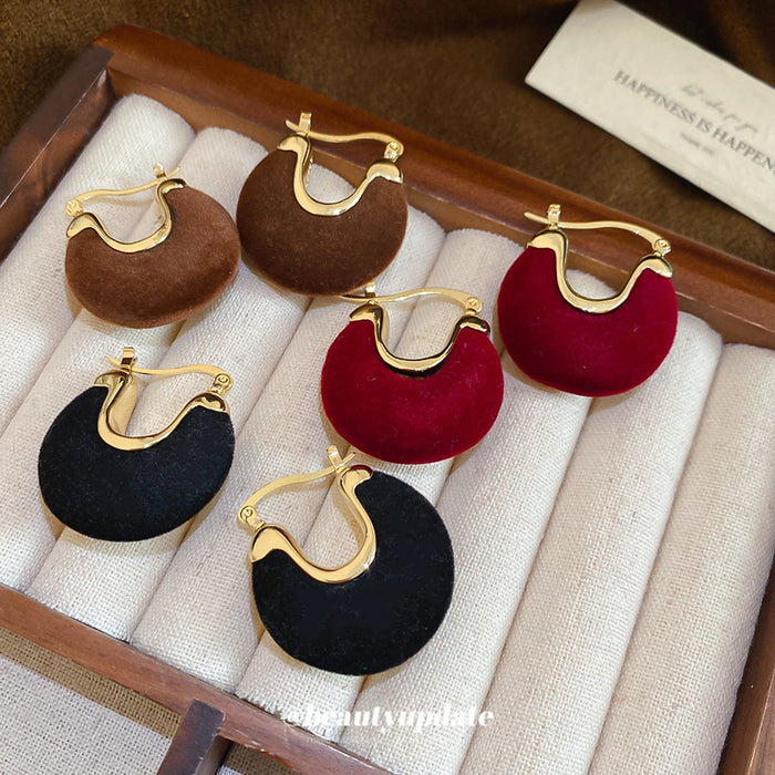 Gold Tone Flocked Disc Hoop Earrings in Black Red and Brown