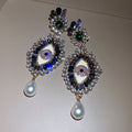 Crystal Eye Drop Earrings with Green Centers and Pearl Drops view 6