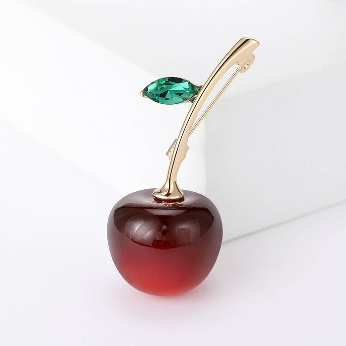 Red Cherry Brooch Gold Tone Stem Green Crystal Leaf
