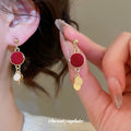 Red Velvet Disc Gold Tone Layered Sequin Dangle Earrings view 1