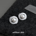 Silver Pearl Center Double Halo Baguette CZ Stud Earrings view 4