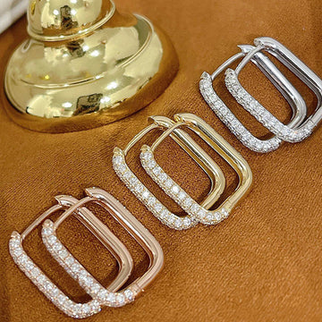 Rectangular Open Pave Hinged Hoop Earrings In Three Metal Tones