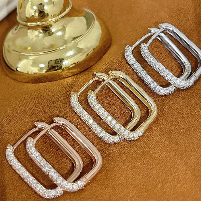 Rectangular Open Pave Hinged Hoop Earrings In Three Metal Tones