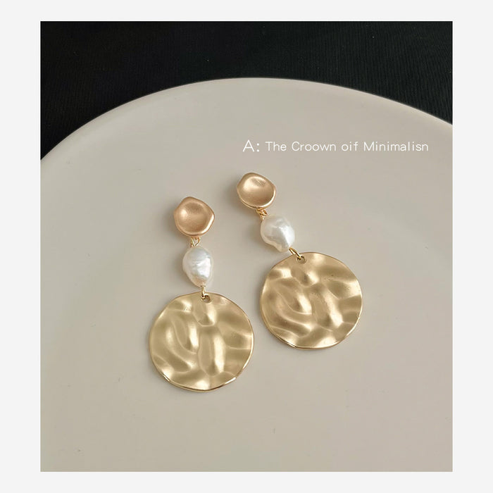 Gold Hammered Disc Drop Earrings White Baroque Pearl