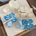 Fabric Double Flower Pearl Center Duckbill Hair Clips Two Colors view 4
