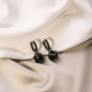 Black Faceted Flower Drop Small Black Hoop Earrings